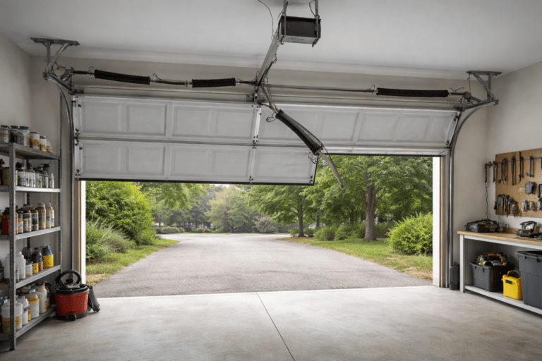 open garage door with broken spring