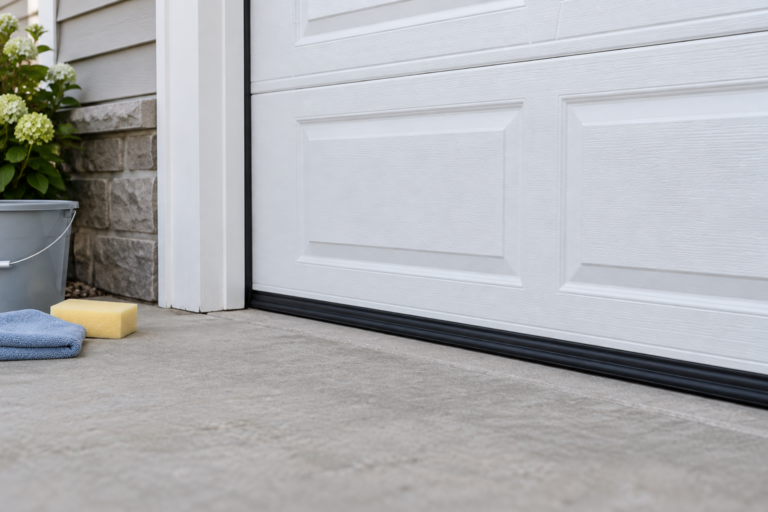 Black bottom weather seal on a closed white garage door with cleaning supplies nearby.