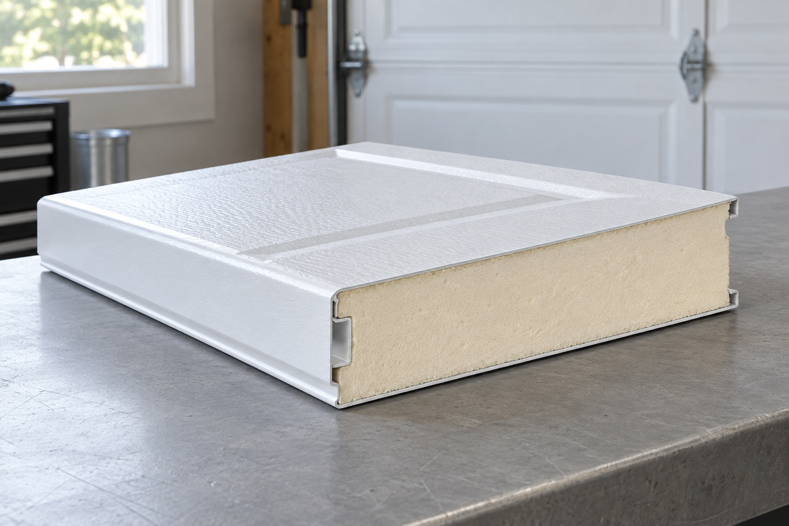 Detached white garage door panel sample showing a cream insulation core at its cut edge.
