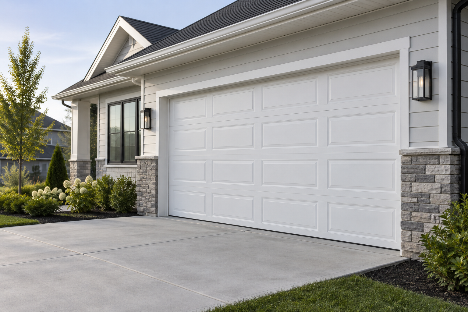 White sectional garage door on a modern home viewed from the driveway.